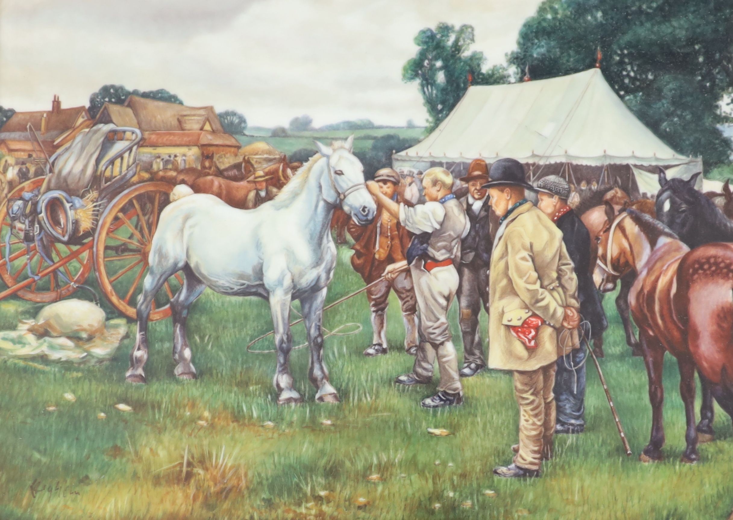 Leighton Maybury after Sir Alfred Munnings - a set of four porcelain plaques depicting horse fairs, 24 x 32cm, excluding frames and mounts